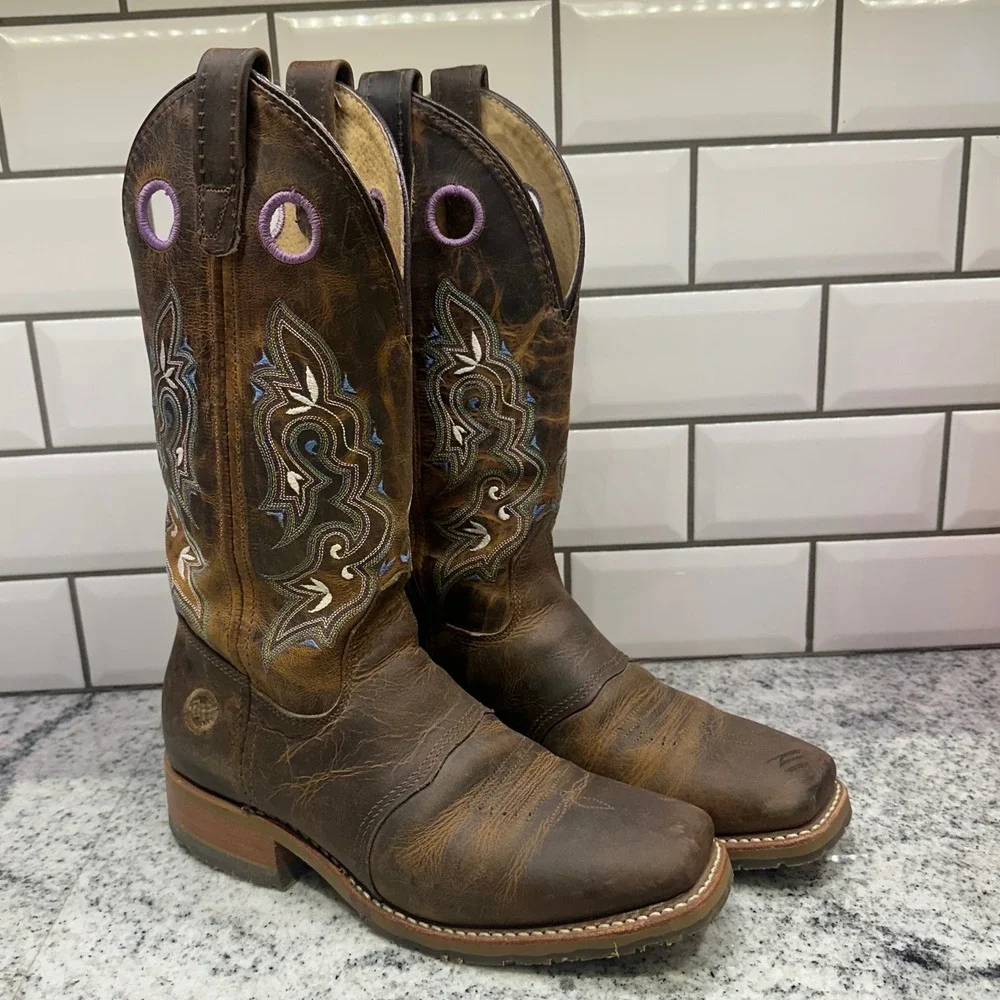 Double H Womens DH5477 Brown Leather Safety Toe Western Work Boots 7.5 M USA - Picture 1 of 14